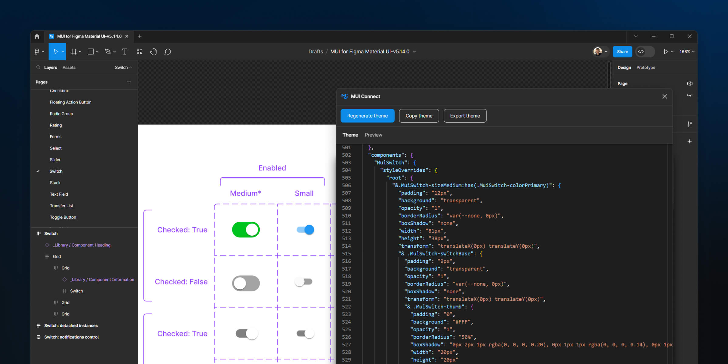 A screenshot of Figma together with the MUI Connect plug-in running on the side, doing customziations to the Material UI Switch component.